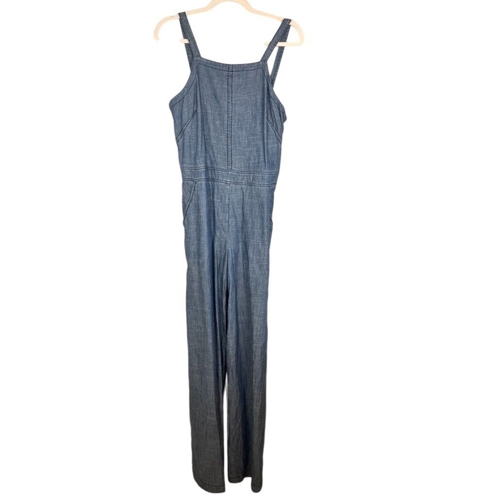 Trina Turk Linen Tank Jumpsuit 4 Blue Wide Leg Western Boho‎ Neutral Preppy Chic